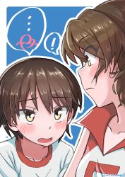 Rule 34 | !, ..., 2girls, blue background, blush, brown eyes, brown hair, coffeenougat 1985, commentary request, frown, girls und panzer, gym shirt, gym uniform, heart, highres, isobe noriko, kawanishi shinobu, looking at another, multiple girls, open mouth, outline, partial commentary, red shirt, shirt, short hair, sleeveless, sleeveless shirt, spoken ellipsis, spoken exclamation mark, spoken heart, sportswear, sweatdrop, volleyball uniform, white outline, white shirt, yuri