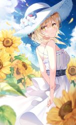 Rule 34 | 1girl, alternate costume, arms behind back, backlighting, blonde hair, blue sky, blurry, blurry foreground, breasts, bug, closed mouth, cloud, criss-cross back-straps, day, dress, field, firefly, flower, flower field, from side, genshin impact, hair between eyes, hat, hat flower, highres, holding own arm, insect, kokonex, light blush, light smile, looking at viewer, looking back, looking to the side, lumine (genshin impact), medium breasts, messy hair, outdoors, petals, short hair, short hair with long locks, sky, sleeveless, sleeveless dress, solo, spaghetti strap, straw hat, sun hat, sundress, sunflower, sunflower field, upper body, white dress, white flower, wind, yellow eyes