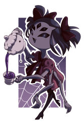 Rule 34 | 1girl, bow, colored skin, extra arms, extra eyes, fang, high heels, highres, arthropod girl, monster girl, muffet, purple skin, ribbon, spider girl, tea, teapot, thighhighs, undertale