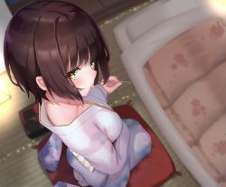 Rule 34 | 1girl, blanket, blurry, breasts, brown hair, commentary request, depth of field, ear cleaning, from above, head tilt, holding, japanese clothes, kimono, large breasts, long sleeves, looking at viewer, mattress, mimikaki, original, pillow, reinama, seiza, short hair, sitting, socks, solo, tatami, tongue, tongue out, white kimono, wide sleeves, yellow eyes, yukata