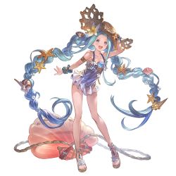 Rule 34 | 1girl, arm at side, arm up, blue eyes, blue hair, braid, flower, granblue fantasy, hair flower, hair ornament, hat, leaning forward, long hair, lyria (daughter of pearl) (granblue fantasy), lyria (granblue fantasy), minaba hideo, official art, open mouth, scrunchie, shell hair ornament, shoes, sidelocks, simple background, smile, solo, starfish hair ornament, straw hat, swimsuit, toeless footwear, transparent background, twin braids, very long hair, wrist scrunchie