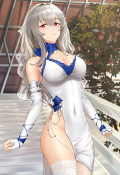 Rule 34 | 1girl, azur lane, bare shoulders, blue flower, blue rose, blue scarf, breasts, bridal gauntlets, cleavage, collarbone, covered navel, dress, flower, gloves, grey hair, highres, large breasts, long hair, looking at viewer, mole, mole under eye, no panties, official alternate costume, red eyes, rose, saint-louis (azur lane), saint-louis (holy knight&#039;s resplendence) (azur lane), scarf, sleeveless, sleeveless dress, thighhighs, tofi, white dress, white gloves, white thighhighs