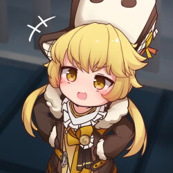 Rule 34 | +++, 1girl, blonde hair, bow, brown coat, brown gloves, coat, fang, fur-trimmed coat, fur-trimmed sleeves, fur trim, gloves, hands on own hips, hat, honkai: star rail, honkai (series), hook (honkai: star rail), light blush, looking up, mochikushi, open clothes, open coat, open mouth, orange bow, skin fang, smug, solo, twintails, upper body, white hat, yellow eyes