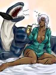 Rule 34 | artist request, bare legs, blush, breasts, dark skin, drink, large breasts, scar, size difference, white hair