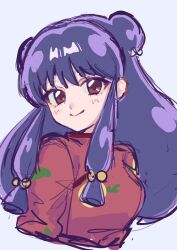Rule 34 | 1girl, 1no se hi na, blush, bow, breasts, chinese clothes, double bun, hair bow, hair bun, happy, highres, purple hair, ranma 1/2, red eyes, shampoo (ranma 1/2), simple background, smile, solo, white bow