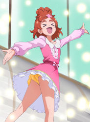 Rule 34 | &gt; &lt;, 1girl, :d, dress, closed eyes, go! princess precure, haruno haruka, haruyama kazunori, open mouth, outstretched arms, panties, precure, red hair, short hair, smile, solo, underwear, xd