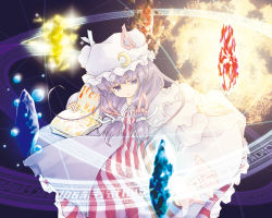 Rule 34 | 1girl, crescent hat ornament, crystal, dress, female focus, glowing, hat, hat ornament, long hair, long sleeves, magic, magic circle, mob cap, paji, patchouli knowledge, pink dress, purple eyes, purple hair, solo, striped, touhou, vertical stripes, very long hair