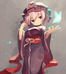 Rule 34 | 1girl, absurdres, blue hat, blue kimono, bug, butterfly, chii (tsumami tsumamare), closed mouth, grey background, hair between eyes, hat, highres, insect, japanese clothes, kimono, long sleeves, looking at viewer, mob cap, obi, pink eyes, pink hair, saigyouji yuyuko, sash, short hair, simple background, smile, solo, split mouth, standing, touhou, triangular headpiece, wide sleeves