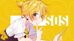 Rule 34 | 1boy, absurdres, alternate costume, black vest, blonde hair, blue eyes, blush, cellphone, closed mouth, commentary, earrings, english commentary, finger to cheek, hair between eyes, highres, holding, holding phone, jewelry, kagamine len, looking at viewer, male focus, necktie, parfaitkl, phone, pout, puffy short sleeves, puffy sleeves, ribbon, shirt, short hair, short ponytail, short sleeves, smartphone, solo, text background, vest, vocaloid, white shirt, yellow background, yellow nails, yellow necktie, yellow ribbon