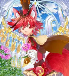 Rule 34 | 10s, 1girl, animal ears, bow, brown cape, brown hair, brown hat, cape, cloud, cure chocolat, dog ears, dog tail, earrings, extra ears, flower, gloves, hat, highres, holding, holding flower, jewelry, juliet sleeves, kenjou akira, kirakira precure a la mode, long sleeves, looking at viewer, magical girl, multicolored hair, necktie, precure, puffy sleeves, red bow, red eyes, red hair, short hair, skirt, sky, smile, solo, streaked hair, tail, top hat, two-tone hair, white gloves, window, yellow skirt, yuutarou (fukiiincho)