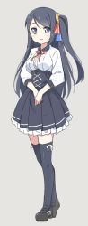 Rule 34 | 1girl, alternate costume, black hair, black thighhighs, blue eyes, breasts, commentary request, dress, eyebrows, grey background, hatsunatsu, highres, long hair, long sleeves, looking at viewer, medium breasts, meme attire, original, pleated skirt, ribbon, side ponytail, simple background, skirt, solo, thighhighs, v arms, virgin killer outfit, xiao qiong
