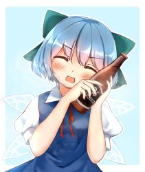 Rule 34 | 1girl, arms up, beer bottle, blue background, blue dress, blue hair, blush, bottle, bottle to cheek, bow, cirno, closed eyes, commentary request, dress, facing viewer, hair between eyes, hair bow, head tilt, holding, holding bottle, ice, ice wings, open mouth, pinafore dress, pokio, puffy short sleeves, puffy sleeves, red neckwear, red ribbon, ribbon, shirt, short hair, short sleeves, simple background, sleeveless dress, solo, touhou, upper body, white shirt, wings