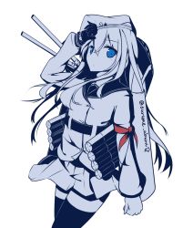 Rule 34 | 10s, 1girl, :o, animal ears, belt, blue eyes, blue theme, blush, cannon, fox ears, gloves, hammer and sickle, hat, hibiki (kancolle), kantai collection, long hair, long sleeves, looking at viewer, machinery, monochrome, parted lips, red ribbon, ribbon, salute, simple background, skirt, solo, spot color, surume aburi, thighhighs, turret, twitter username, verniy (kancolle), white background