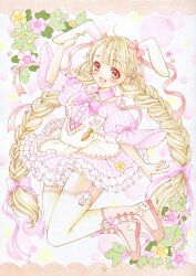 Rule 34 | 1girl, :d, animal ears, apron, blonde hair, blush, bow, braid, collar, detached collar, dress, earrings, flower, frilled dress, frills, full body, garter straps, hair bow, hair ribbon, highres, jewelry, long hair, looking at viewer, open mouth, original, painting (medium), pink bow, pink dress, pink ribbon, plaid, plaid dress, puffy sleeves, rabbit ears, red eyes, ribbon, short sleeves, smile, solo, thighhighs, traditional media, twin braids, twintails, very long hair, watercolor (medium), white thighhighs, xkotonohax