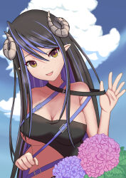 Rule 34 | 1girl, bandeau, belt, belt pull, black bandeau, black belt, black hair, blaujp, blue belt, blue hair, blue sky, blush, breasts, brown eyes, chest belt, cleavage, cloud, collarbone, commentary, curled horns, demon girl, demon horns, flower, grey horns, hair between eyes, head tilt, hebiyoi tier, hebiyoi tier (1st costume), highres, horns, hydrangea, large breasts, long hair, looking at viewer, medium bangs, multicolored hair, nanashi inc., open mouth, pink flower, pointy ears, purple flower, sidelocks, sky, smile, solo, two-tone hair, upper body, virtual youtuber
