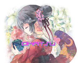Rule 34 | 1girl, black hair, brown eyes, brown hair, character name, crescent moon, closed eyes, flower, fruit punch, hair ornament, hair up, inazuma eleven, inazuma eleven (series), inazuma eleven go, inazuma eleven go chrono stone, japanese clothes, kimono, long hair, moon, okatsu (inazuma eleven), solo, upper body