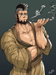 Rule 34 | 1boy, alternate costume, bara, beard, black hair, casual, cyphers, damian doyle (cyphers), dark-skinned male, dark skin, dobito mn, facial hair, feet out of frame, highres, japanese clothes, kimono, large pectorals, male focus, mature male, mohawk, muscular, muscular male, open clothes, open kimono, original, pectoral cleavage, pectorals, scar, scar across eye, scar on face, short hair, smoking, solo, yellow kimono