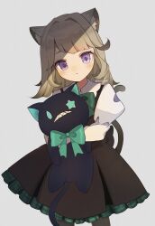 Rule 34 | 1girl, animal ear fluff, animal ears, black dress, blonde hair, blush, bow, cat, cat ears, cat girl, cat tail, closed mouth, cowboy shot, dress, dress bow, frilled dress, frills, genshin impact, green bow, grey background, highres, holding, long hair, long sleeves, looking at viewer, lynette (genshin impact), minahoshi37, hugging object, pantyhose, puffy sleeves, purple eyes, shirt, simple background, solo, standing, stuffed animal, stuffed cat, stuffed toy, tail, white shirt