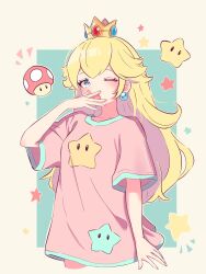 Rule 34 | 1girl, ;o, absurdres, blonde hair, blue eyes, covering own mouth, crown, earrings, hand over own mouth, highres, jewelry, long hair, looking at viewer, mario (series), nintendo, one eye closed, pink shirt, princess peach, ryu160303, shirt, solo, sphere earrings, star (symbol), super mushroom, super star (mario), yawning