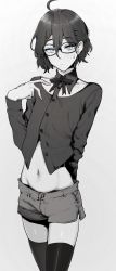 Rule 34 | 1boy, ahoge, androgynous, blue eyes, blush, closed mouth, copyright request, glasses, greyscale, highres, indie virtual youtuber, kushizaki (vtuber), long sleeves, medium hair, midriff, mole above eye, monochrome, navel, partially colored, shirt, shorts, simple background, st (youx1119), sweat, thighhighs, trap, virtual youtuber