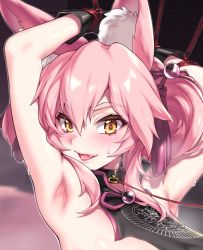 Rule 34 | 1girl, animal ear fluff, animal ears, armpits, arms up, blush, breasts, collar, fate/grand order, fate (series), fox ears, fox girl, fox tail, fuya (tempupupu), hair between eyes, koyanskaya (chinese lostbelt outfit) (fate), koyanskaya (fate), large breasts, leash, long hair, looking at viewer, nipples, open mouth, pink hair, restrained, sidelocks, smile, solo, tail, torn clothes, yellow eyes