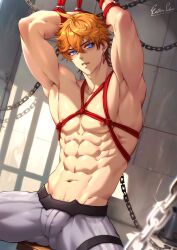 1boy abs armpits bara bdsm bishounen blue_eyes bondage bound bulge chain earrings esther_shen genshin_impact indoors jewelry large_pectorals male_focus male_pubic_hair muscular muscular_male navel orange_hair pectorals prison_cell pubic_hair restrained shibari solo stomach tartaglia_(genshin_impact)