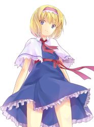 Rule 34 | 1girl, alice margatroid, bad id, bad pixiv id, blonde hair, blue eyes, bow, bowtie, capelet, dress, female focus, frilled dress, frills, hairband, highres, kita (kitairoha), looking at viewer, ribbon, sash, short hair, simple background, solo, touhou, white background, wind