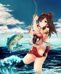 Rule 34 | 1girl, armor, belt, blue eyes, blue sky, bow, breasts, brown hair, capelet, character request, cleavage, cloud, day, fish, fishing, fishing line, fishing rod, hair bow, hair tubes, highres, horizon, lili (monster hunter online), long hair, looking at viewer, maoshenzou, monster hunter (series), monster hunter online, ocean, outdoors, parted lips, pleated skirt, ponytail, shoulder armor, skirt, sky, small breasts, smile, solo, pauldrons, standing, standing on one leg, wading