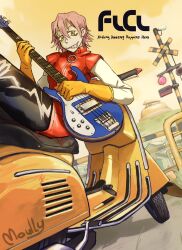Rule 34 | 1girl, 2000s (style), artist name, flcl, gloves, guitar, hair between eyes, haruhara haruko, highres, instrument, motor vehicle, moully, pink hair, scooter, short hair, smile, solo, vespa, yellow gloves