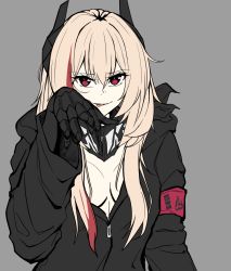 Rule 34 | 1girl, bad id, bad pixiv id, black jacket, black scarf, blonde hair, breasts, girls&#039; frontline, grey background, highres, jacket, long hair, looking at viewer, loveu, m4 sopmod ii (girls&#039; frontline), mechanical arms, multicolored hair, open clothes, open jacket, red eyes, scarf, single mechanical arm, solo, tongue, tongue out