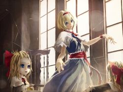 Rule 34 | 1girl, akai kitsune, alice margatroid, bad id, bad pixiv id, blonde hair, blue dress, blue eyes, bow, capelet, chair, cup, dress, drinking glass, female focus, forehead, hair bow, hairband, highres, jewelry, long hair, outstretched arm, pitcher (container), puppet rings, puppet strings, ribbon, ring, sash, shanghai doll, short hair, solo, touhou, tray, window, wrist cuffs, wrist ribbon