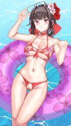 Rule 34 | 1girl, afloat, bikini, black hair, blunt bangs, breasts, cleft of venus, commentary request, corset piercing, crotch cutout, glasses, goddess of victory: nikke, grin, highres, innertube, large breasts, looking at viewer, lying, medium hair, menmon, navel, nipple cutout, nipple piercing, on back, on innertube, paid reward available, piercing, pool, pussy, red bikini, red eyes, sakura (nikke), smile, solo, swim ring, swimsuit, uncensored, water