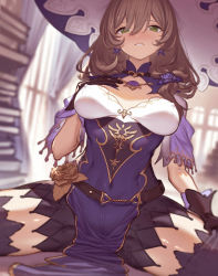 Rule 34 | 1girl, black gloves, black thighhighs, blurry, blurry background, blush, breasts, brown hair, center opening, commentary, depth of field, english commentary, genshin impact, gloves, green eyes, hair between eyes, hand on own chest, hand up, hat, highres, large hat, lisa (genshin impact), looking at viewer, low tied hair, medium breasts, pelvic curtain, purple hat, revision, sanooxo, spread legs, thighhighs, vision (genshin impact)