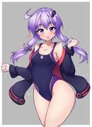 Rule 34 | 1girl, black jacket, black one-piece swimsuit, collarbone, competition swimsuit, cowboy shot, flat chest, grey background, hair ornament, highres, jacket, kuroron966, looking at viewer, low twintails, one-piece swimsuit, open mouth, purple eyes, purple hair, short hair with long locks, simple background, solo, swimsuit, thighs, twintails, vocaloid, voiceroid, yuzuki yukari