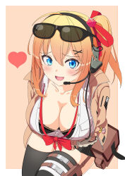 Rule 34 | 1girl, ahoge, arms under breasts, bag, black-framed eyewear, black bra, black thighhighs, blonde hair, blue eyes, blush, border, bow, bowtie, bra, breasts, brown jacket, cleavage, collarbone, commentary request, cowboy shot, cube hair ornament, downblouse, eyewear on head, furrowed brow, girls&#039; frontline, gloves, gradient hair, griffin &amp; kryuger, hair between eyes, hair ornament, hair ribbon, hairclip, headset, heart, highres, jacket, kalina (girls&#039; frontline), kamaboko uehaasu, lace, lace-trimmed bra, lace trim, large breasts, leaning forward, long hair, long sleeves, looking at viewer, loose bowtie, miniskirt, multicolored hair, open mouth, orange background, orange hair, outside border, partially unbuttoned, pleated skirt, red bow, red bowtie, red ribbon, ribbon, satchel, side ponytail, simple background, skirt, small hands, solo, sunglasses, thigh strap, thighhighs, underwear, white border, x hair ornament