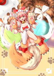 Rule 34 | 1girl, animal ear fluff, animal ears, animal hands, apron, bell, breasts, cat hair ornament, cat paws, cleavage, collar, doughnut, fangs, fate/grand order, fate (series), food, fox ears, fox girl, fox tail, gloves, hair ornament, hair ribbon, highres, jingle bell, kohaku ryuu, large breasts, long hair, lying, naked apron, neck bell, on back, open mouth, paw gloves, paw pose, paw shoes, pink hair, ponytail, red ribbon, ribbon, shoes, solo, tail, tamamo (fate), tamamo cat (fate), tamamo cat (third ascension) (fate), yellow eyes