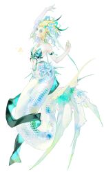Rule 34 | 1girl, aqua eyes, aqua nails, aqua ribbon, arm up, armlet, armor, bare shoulders, bikini armor, blonde hair, closed mouth, colored eyelashes, earrings, fingernails, fins, flower, forehead jewel, full body, hair slicked back, hand up, head fins, highres, horns, jewelry, lipstick, long fingernails, looking at viewer, makeup, mermaid, monster girl, monsterification, navel, nintendo, open mouth, pointy ears, princess zelda, ribbon, short hair, simple background, slit pupils, solo, tail, tail flower, tail ornament, teardrop facial mark, the legend of zelda, white background, xiangzizg