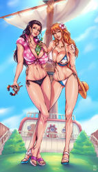 Rule 34 | 2girls, arm on own head, artist request, beer bottle, black hair, blue eyes, border, breasts, cleavage, collarbone, flower, hair flower, hair ornament, hat, highres, large breasts, long hair, looking at viewer, multiple girls, nami (one piece), nico robin, one piece, orange hair, sky, straw hat, toy, upper body, white border