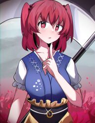 Rule 34 | 1girl, bright pupils, commentary, flower, hair bobbles, hair ornament, highres, index finger raised, looking at viewer, obi, onozuka komachi, open mouth, outdoors, red eyes, red hair, red nails, sash, short hair, solo, spam (spamham4506), spider lily, touhou, two side up, upper body, white pupils