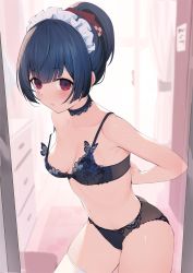 Rule 34 | 1girl, black bra, black hair, black neckwear, black panties, blush, bow, bra, breasts, choker, cleavage, collarbone, cowboy shot, gin00, hair bow, hair ornament, headdress, highres, idolmaster, idolmaster shiny colors, indoors, looking at viewer, medium hair, morino rinze, navel, panties, parted lips, ponytail, red bow, red eyes, small breasts, solo, thighhighs, underwear, white headwear, white thighhighs