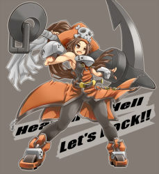 Rule 34 | 1girl, anchor, ankle boots, belt, black pantyhose, blush, boots, breasts, brown eyes, brown hair, coattails, fang, fingerless gloves, full body, gloves, guilty gear, hat, huge weapon, karukan (monjya), long hair, may (guilty gear), open mouth, orange hat, over shoulder, pantyhose, pirate hat, skull and crossbones, sleeveless, small breasts, solo, very long hair, weapon, weapon over shoulder