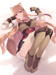 Rule 34 | 1girl, animal ears, blush, boots, breasts, brown footwear, brown gloves, brown hair, cait aron, closed mouth, cuffs, frilled skirt, frills, full body, gloves, hair between eyes, highres, large breasts, long hair, long sleeves, looking at viewer, lying, on back, raccoon ears, raccoon girl, raccoon tail, raphtalia, red eyes, shackles, skirt, smile, solo, tail, tate no yuusha no nariagari, thigh boots, thighhighs, very long hair