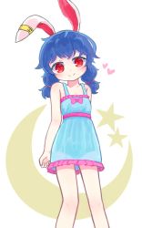 Rule 34 | 1girl, animal ears, bare arms, bare shoulders, blue dress, blue hair, bow, rabbit ears, commentary, crescent, dress, frilled dress, frills, heart, highres, kibisake, long hair, looking at viewer, low twintails, pink bow, red eyes, seiran (touhou), simple background, sleeveless, sleeveless dress, smile, solo, star (symbol), touhou, twintails, white background