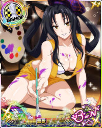 Rule 34 | 1girl, animal ears, black hair, bra, breasts, card (medium), cat ears, cat tail, cleavage, easel, hat, high school dxd, kuroka (high school dxd), large breasts, lipstick, long hair, makeup, multiple tails, paint, paintbrush, purple lips, smile, solo, tagme, tail, underwear, yellow eyes