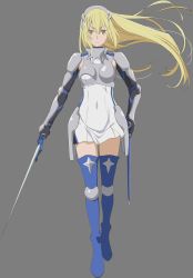 Rule 34 | 1girl, absurdres, aiz wallenstein, armor, armored dress, black gloves, blonde hair, blue footwear, boots, breastplate, closed mouth, covered navel, dress, dungeon ni deai wo motomeru no wa machigatteiru darou ka, elbow gloves, faulds, floating hair, full body, gloves, grey background, hair between eyes, highres, holding, holding sword, holding weapon, long hair, looking at viewer, pleated skirt, shiny skin, short dress, shoulder armor, simple background, skirt, sleeveless, sleeveless dress, solo, standing, sword, thigh boots, thighhighs, very long hair, weapon, white dress, yellow eyes, zettai ryouiki
