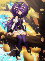 Rule 34 | 1girl, animal ears, bare shoulders, bow, detached sleeves, hair ornament, hat, in tree, long hair, looking at viewer, matsuhime mujina, md5 mismatch, pinwheel, pleated skirt, purple eyes, purple thighhighs, raccoon ears, resolution mismatch, seed, shinrabanshou, sitting, sitting in tree, skirt, solo, source larger, tail, tatsuyoshi, thighhighs, tree