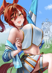 Rule 34 | 2girls, absurdres, arm up, armpits, blue jacket, blush, breasts, brown eyes, chain, cheerleader, commentary request, cropped jacket, cropped shirt, ear ornament, from side, hair between eyes, highres, horse girl, horse tail, jacket, jacket partially removed, large breasts, long hair, looking at viewer, medium hair, midriff, multicolored hair, multiple girls, navel, nice nature (run&amp;win) (umamusume), nice nature (umamusume), official alternate costume, official alternate hairstyle, pleated skirt, po musubi, ponytail, red hair, shirt, skirt, sleeveless, sleeveless shirt, solo focus, streaked hair, tail, thigh strap, twin turbo (umamusume), twintails, umamusume, very long hair, white shirt, white skirt
