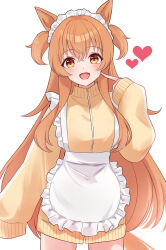 Rule 34 | 1girl, absurdres, alternate costume, animal ears, apron, commentary request, cowboy shot, enmaided, hair between eyes, highres, horse ears, horse girl, horse tail, jacket, jersey, jersey maid, long hair, long sleeves, looking at viewer, maid, maid apron, maid headdress, mayano top gun (umamusume), miyai (myai04), open mouth, orange eyes, orange hair, orange jacket, smile, solo, tail, twintails, umamusume, unconventional maid, white apron