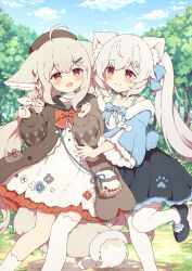 2girls :3 :d animal_ear_fluff animal_ears asymmetrical_legwear bare_shoulders black_skirt brown_cardigan cardigan cat_ears cat_girl cat_tail closed_mouth commentary commission dress fox_ears fox_girl fox_tail grey_hair highres long_hair long_sleeves mismatched_legwear multiple_girls off_shoulder open_mouth original outdoors pantyhose paw_print puffy_long_sleeves puffy_sleeves red_eyes sakurada_shiro_(hy_plus) shirt skeb_commission skirt smile socks spaghetti_strap split_mouth tail thighhighs twintails tyomimas variant_set white_dress white_hair white_pantyhose white_shirt white_socks white_thighhighs