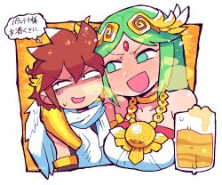 Rule 34 | 1boy, 1girl, absurdres, age difference, alcohol, ancient greek clothes, angel wings, bare shoulders, beer, blush, breasts, brown hair, child, chiton, dress, drunk, green eyes, green hair, hand under clothes, highres, kid icarus, large breasts, looking at another, looking away, nintendo, onee-shota, palutena, pit (kid icarus), rariatto (ganguri), speech bubble, squeans, sweat, toga, translation request, upper body, white dress, wings